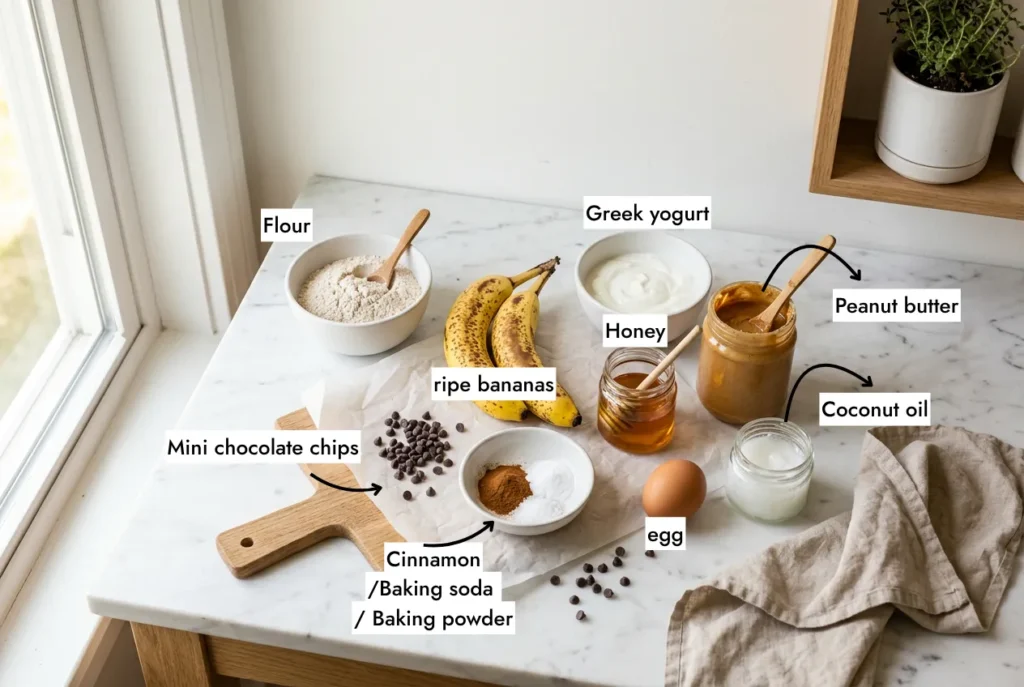 All ingredients for peanut butter banana muffins laid out on white marble — ripe bananas, honey, yogurt, peanut butter, flour, egg, chocolate chips
