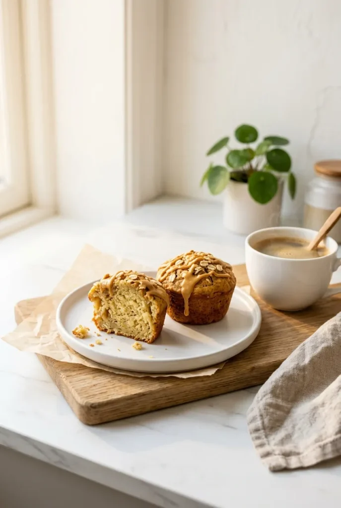 Two peanut butter banana muffins on a white ceramic plate beside a coffee cup, one muffin split open showing soft tender crumb, cozy morning kitchen