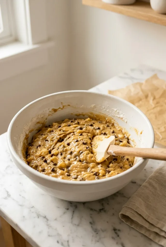 Thick golden peanut butter banana muffin batter being folded in a white ceramic bowl with a rubber spatula, chocolate chips visible