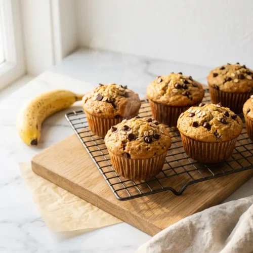 Peanut butter banana muffins on a white ceramic plate, golden tops drizzled with peanut butter, marble counter, natural morning light