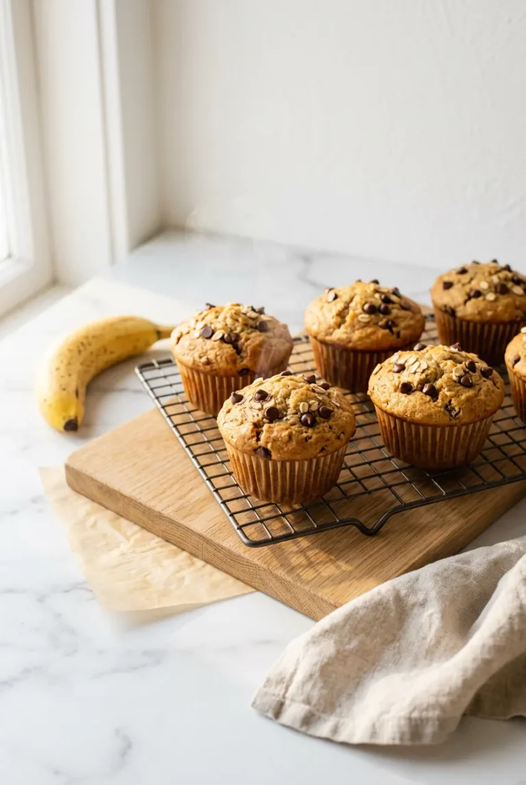 Peanut butter banana muffins on a white ceramic plate, golden tops drizzled with peanut butter, marble counter, natural morning light