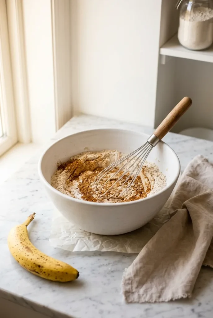 Whole wheat flour, cinnamon and baking soda being whisked in a white ceramic bowl for peanut butter banana muffins