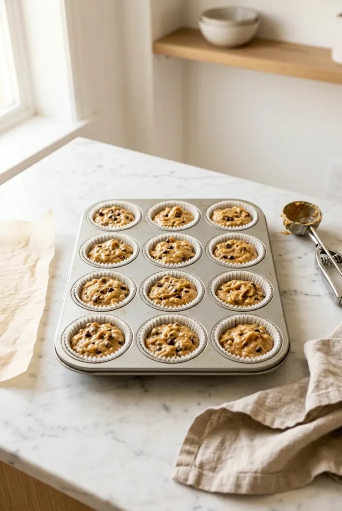 12-cup muffin tin lined with paper cups filled three-quarters full with peanut butter banana muffin batter, ready to bake