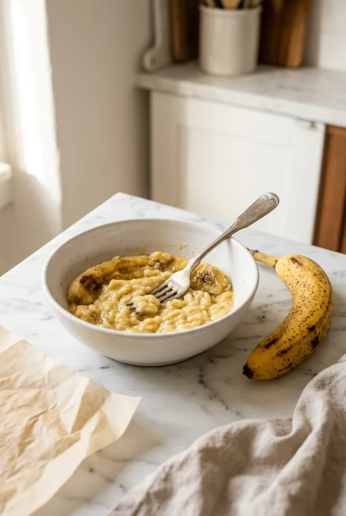 Very ripe brown-spotted bananas being mashed with a fork in a white bowl — key step for soft peanut butter banana muffins