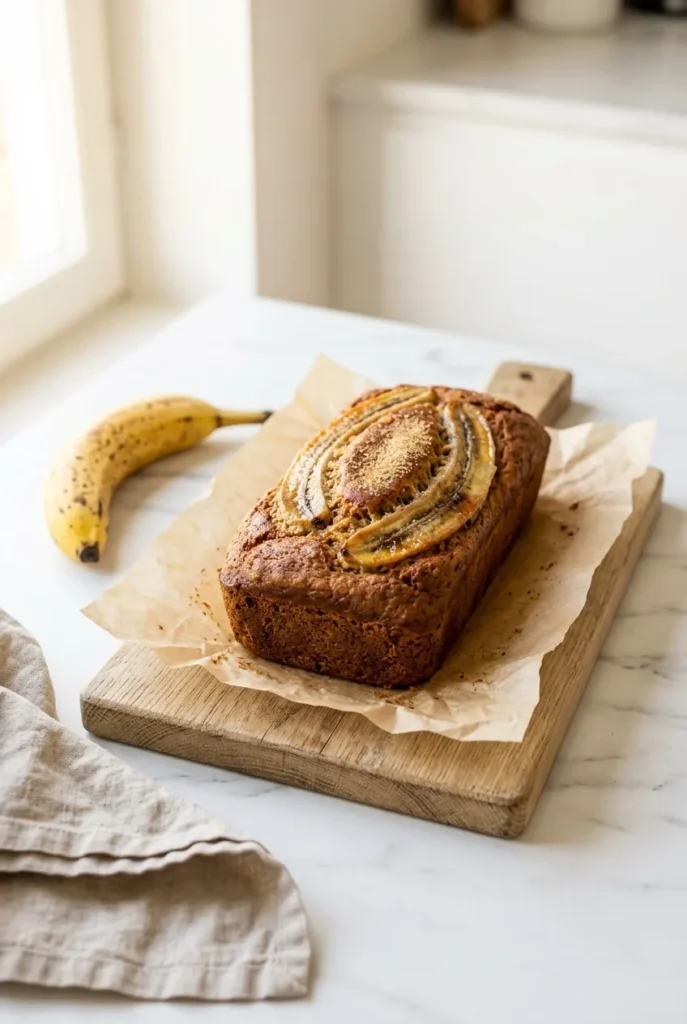 Vegan banana bread loaf with caramelized banana on top, golden crust, on white marble countertop