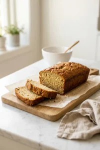 Vegan banana bread loaf with caramelized banana on top, golden crust, white marble countertop