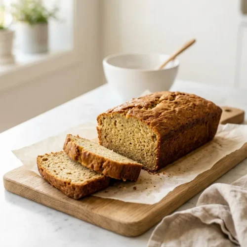 Sliced vegan banana bread showing soft moist crumb, no eggs, on light oak board