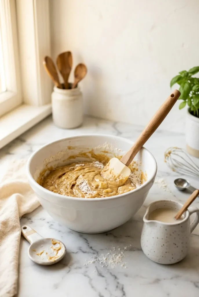 Adding room temperature oat milk to vegan banana bread batter, folding gently with a spatula