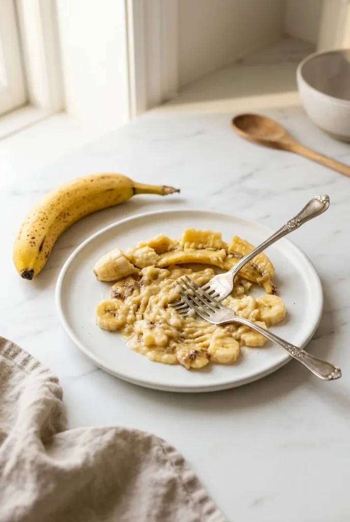 Mashing ripe bananas on a flat white plate with a fork — vegan banana bread step 1, no eggs needed