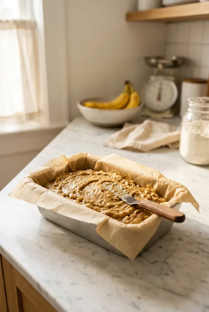 Pouring no egg banana bread batter into parchment-lined loaf pan on white marble counter
