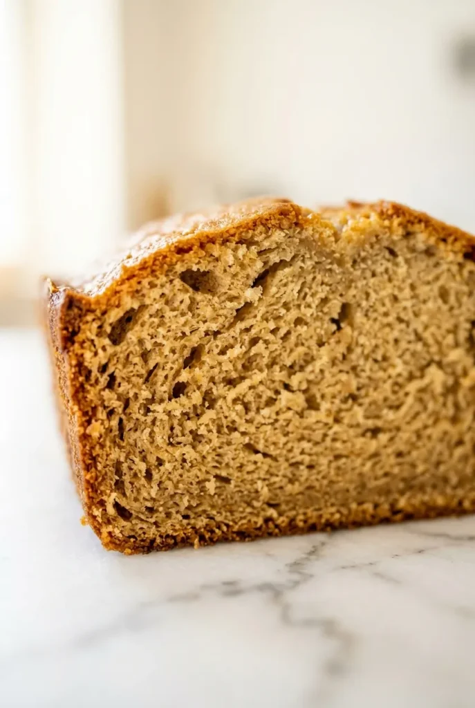 Close-up of vegan banana bread crumb showing soft moist texture — egg-free banana loaf interior