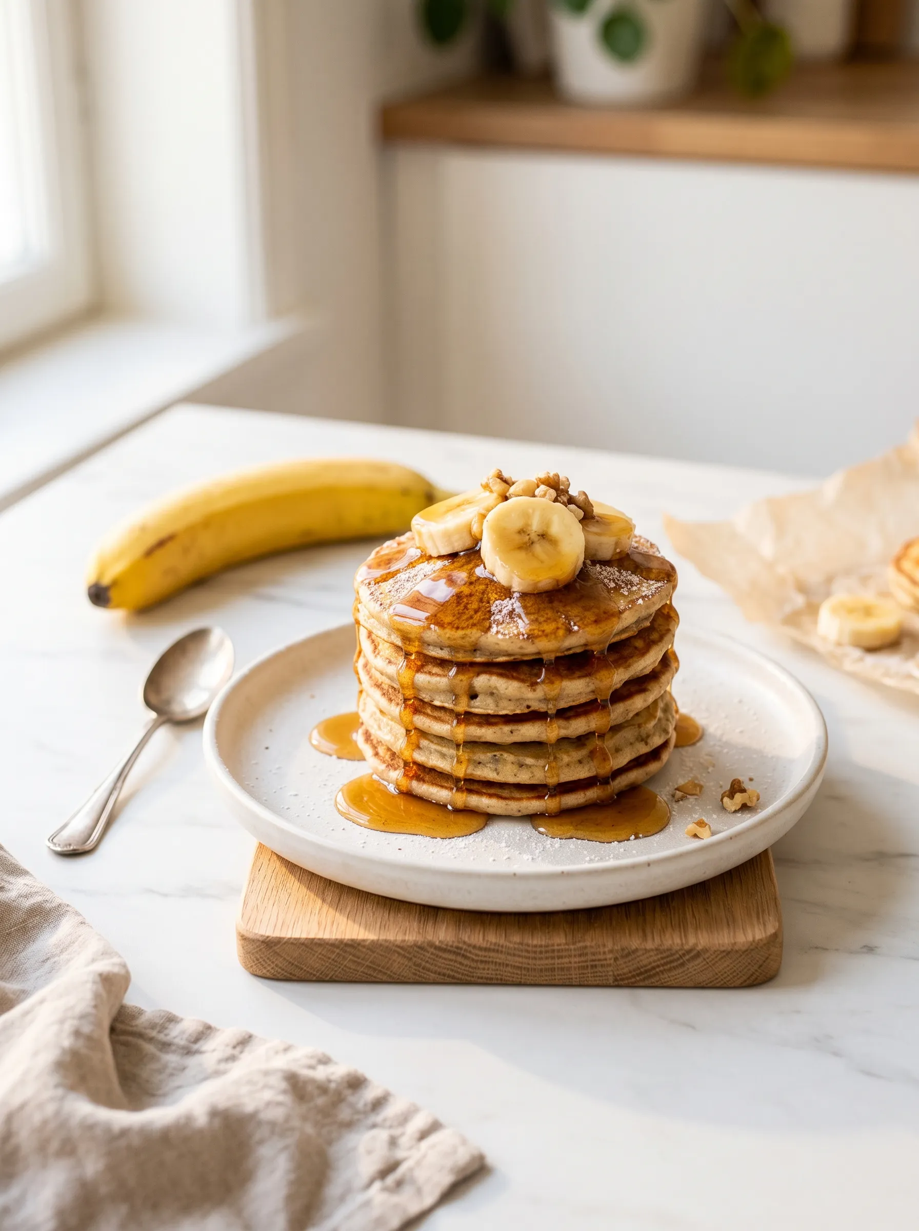Stack of 3-ingredient banana pancakes with a drizzle of syrup