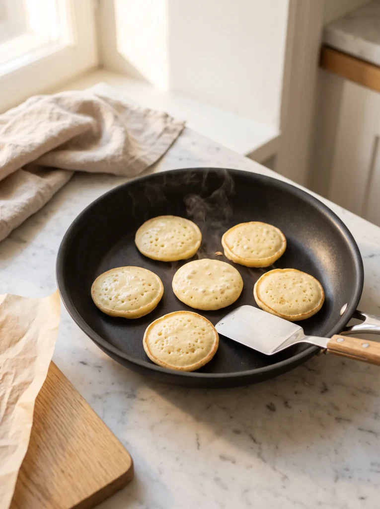 mini banana pancakes for babies cooking in non-stick pan, golden and soft