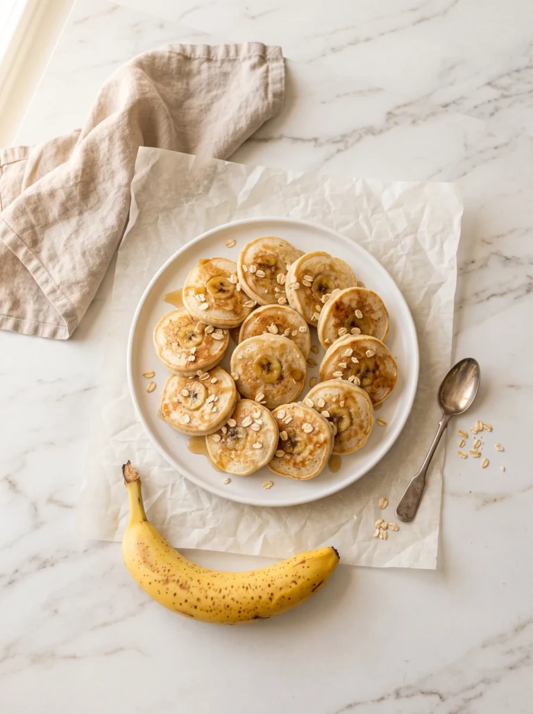 Soft golden banana pancakes for baby on a white ceramic plate — 3-ingredient, no added sugar, ready in 15 minutes