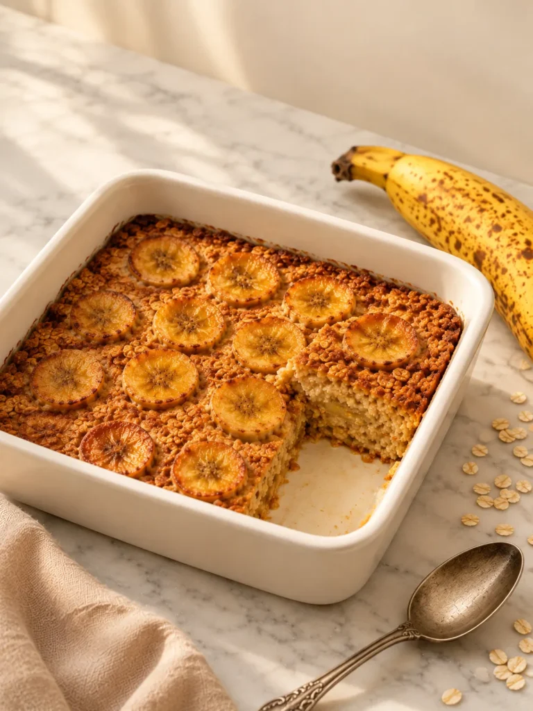golden banana baked oatmeal in white ceramic dish with caramelized banana slices on top, healthy no sugar added breakfast meal prep