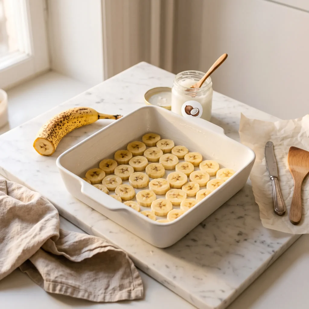 white ceramic 9-inch baking dish greased with coconut oil and lined with banana rounds on white marble, banana baked oatmeal step one preparation