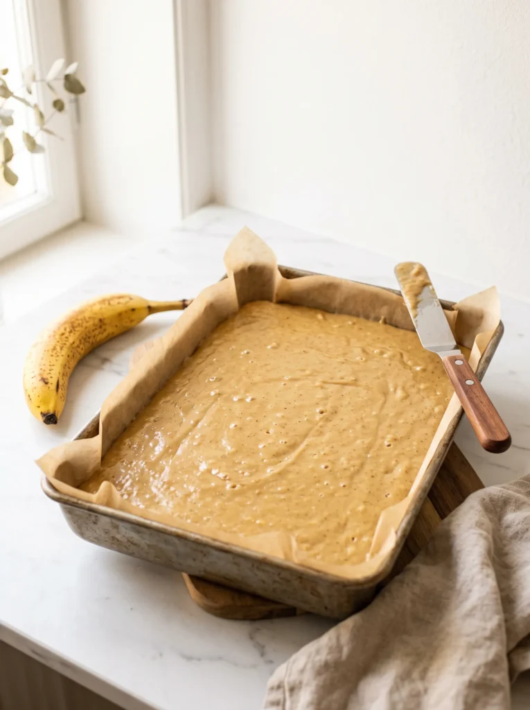 Golden banana blondie batter spread evenly in lined baking pan ready for oven — banana blondies recipe process