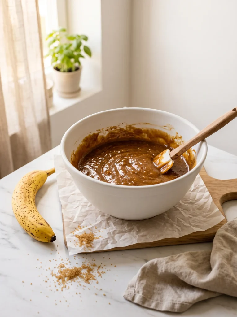 Melted butter and brown sugar combined in mixing bowl, glossy caramel texture — banana blondie batter step