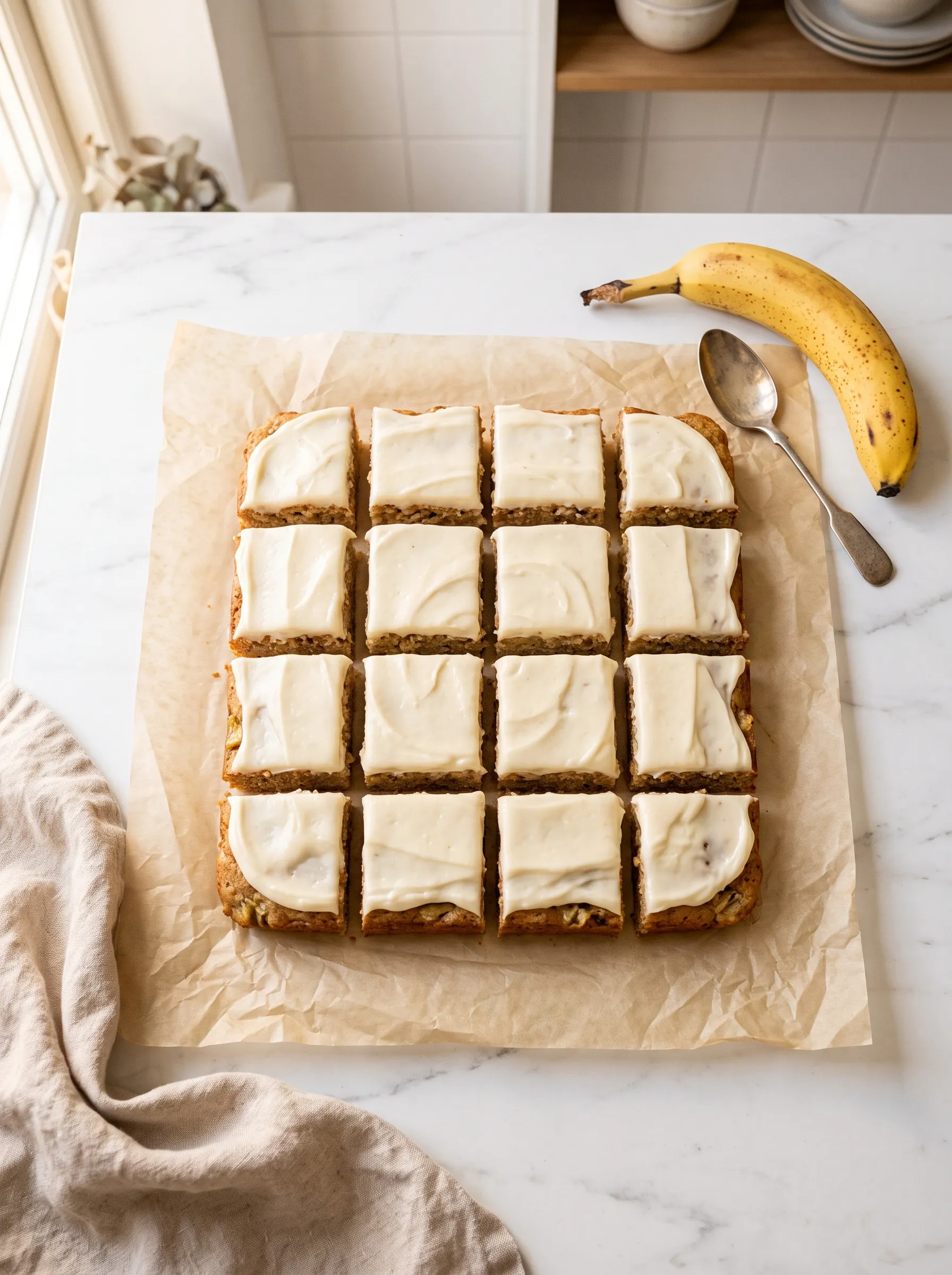 Overhead flat lay of banana blondie squares with vanilla glaze on parchment paper — easy banana blondies recipe