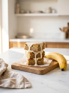 Golden banana blondies with creamy vanilla glaze stacked on white ceramic plate — banana blondies recipe