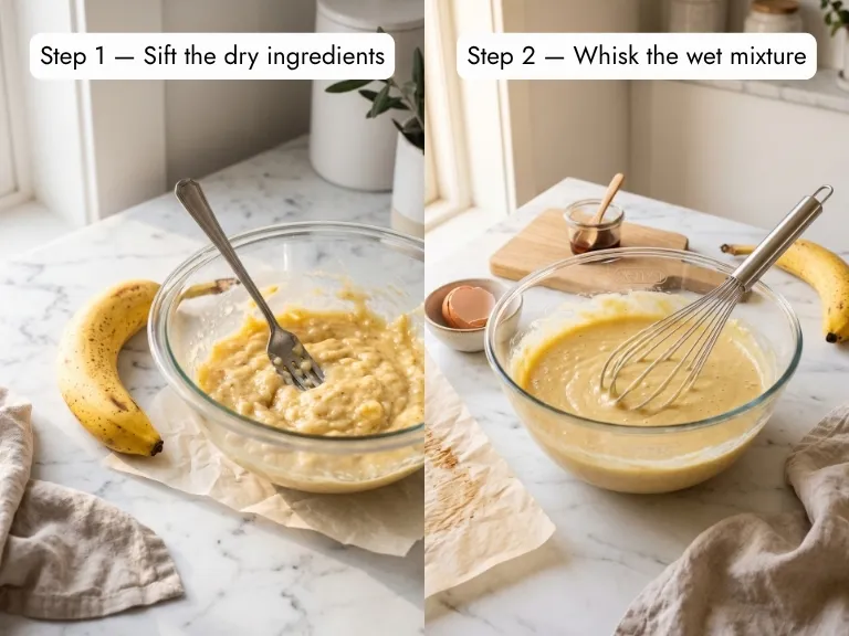 how to make banana blueberry pancakes step by step — sifting dry ingredients and whisking wet banana mixture in glass bowls