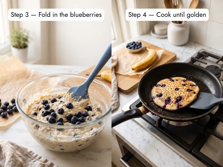 banana blueberry pancake batter with fresh blueberries folded in, and golden pancake cooking in pan — step by step process
