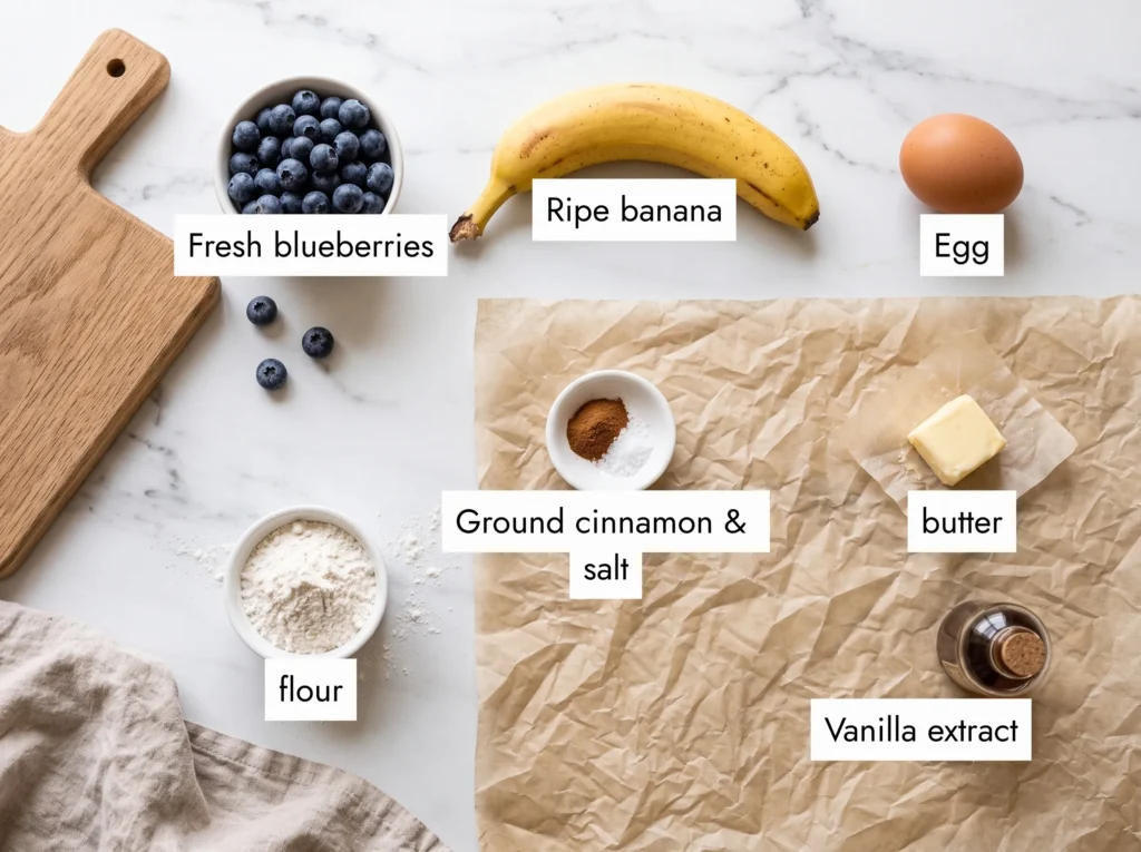 banana blueberry pancakes ingredients flat lay flour blueberries ripe banana egg butter on white marble