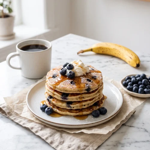 banana blueberry pancakes on white ceramic plate with coffee cup cozy morning breakfast scene