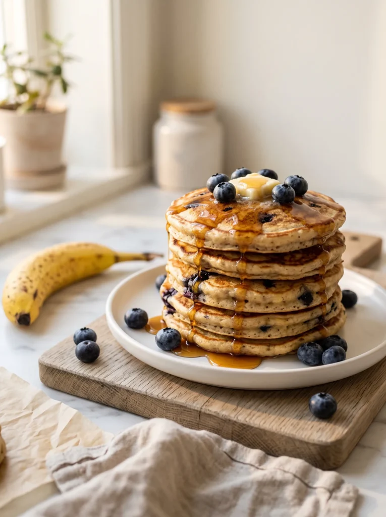 fluffy banana blueberry pancakes stacked with maple syrup and fresh blueberries on white marble