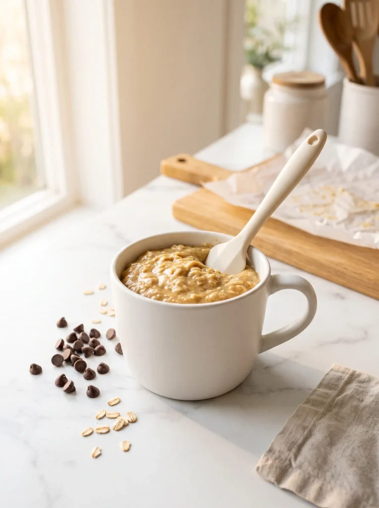 banana oat batter mixed in a white ceramic mug ready to microwave — banana bread baked oatmeal step 3