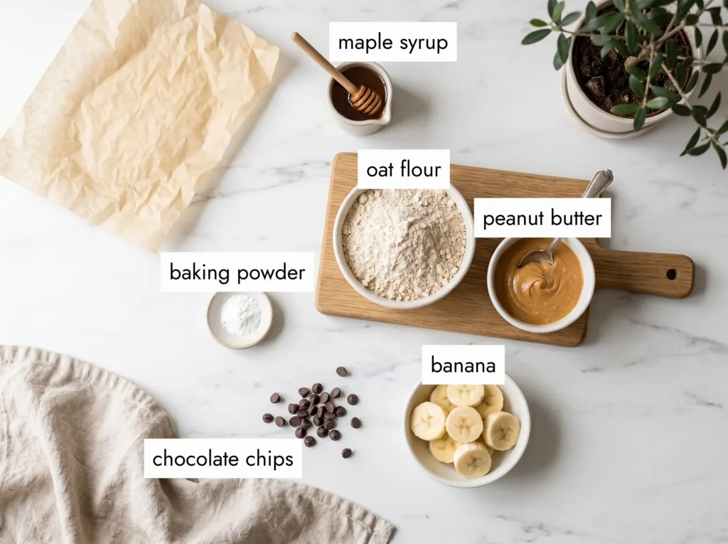overhead flat lay of banana bread baked oatmeal ingredients on white marble — banana slices in a white bowl, peanut butter in a small bowl, oat flour, maple syrup, chocolate chips