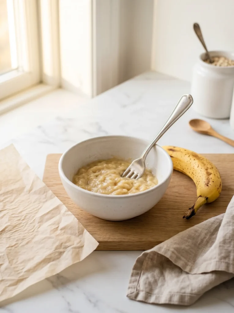 mashing a ripe banana with a fork in a white ceramic bowl — step 1 of banana bread baked oatmeal recipe