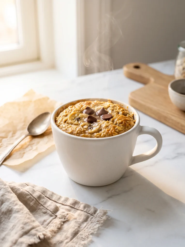 banana bread baked oatmeal just out of the microwave in a ceramic mug — golden risen top, slightly glossy center, chocolate chips melted