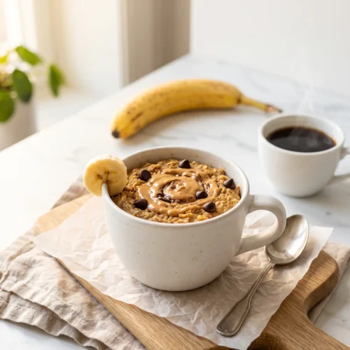 banana bread baked oatmeal in a ceramic mug styled with peanut butter drizzle and banana slice on a cozy morning breakfast table