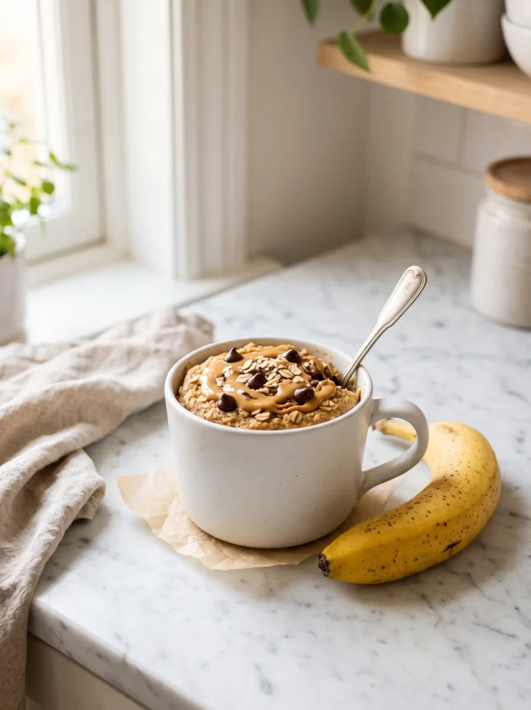 banana bread baked oatmeal in a white ceramic mug with peanut butter drizzle and chocolate chips, on a marble counter
