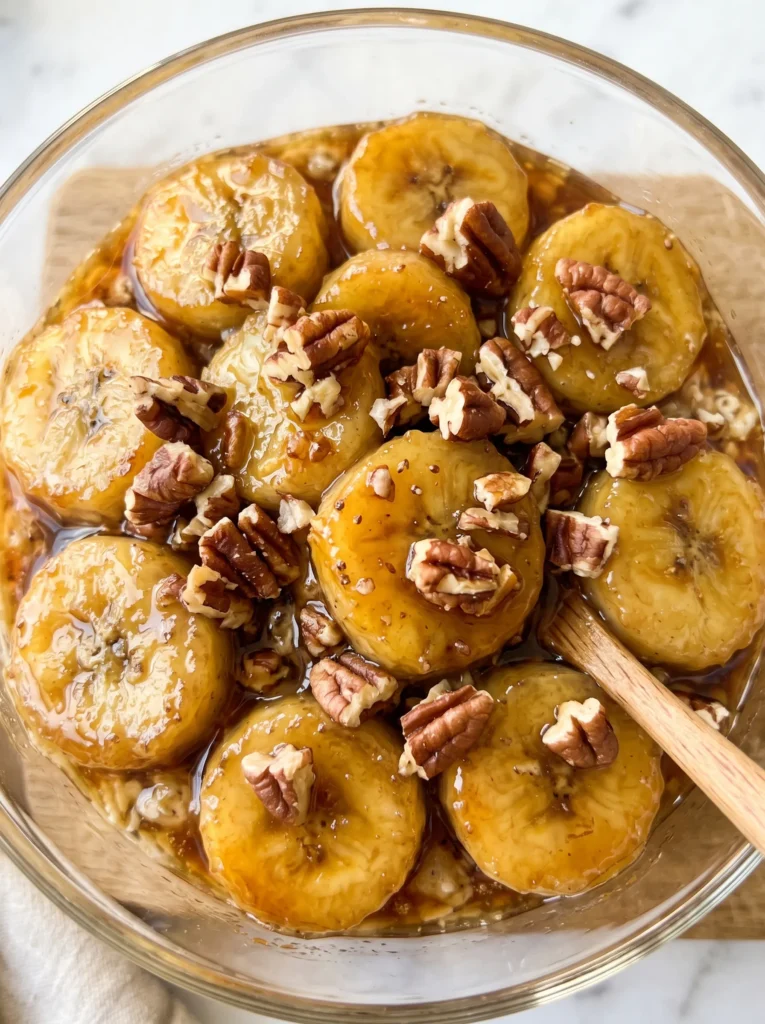 close-up of caramelized banana slices and crushed pecans on top of banana bread overnight oats in a glass jar