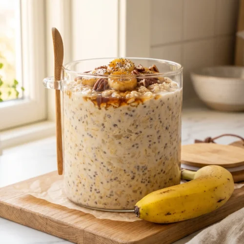 banana bread overnight oats with caramelized bananas, pecans and maple syrup in a glass jar with bamboo spoon — high protein meal prep breakfast