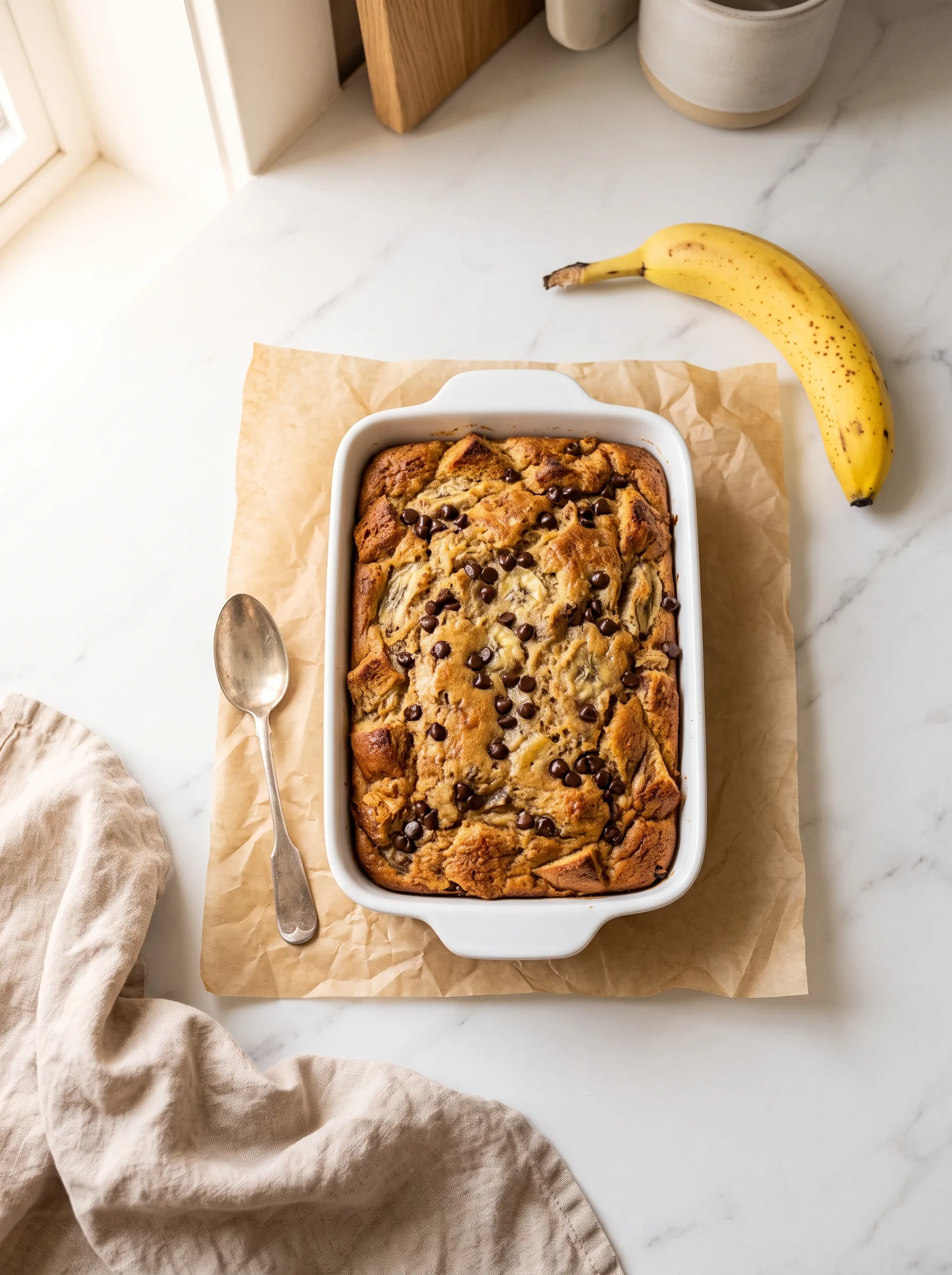 banana bread pudding overhead view in white baking dish with mini chocolate chips on golden crust, linen napkin, marble counter