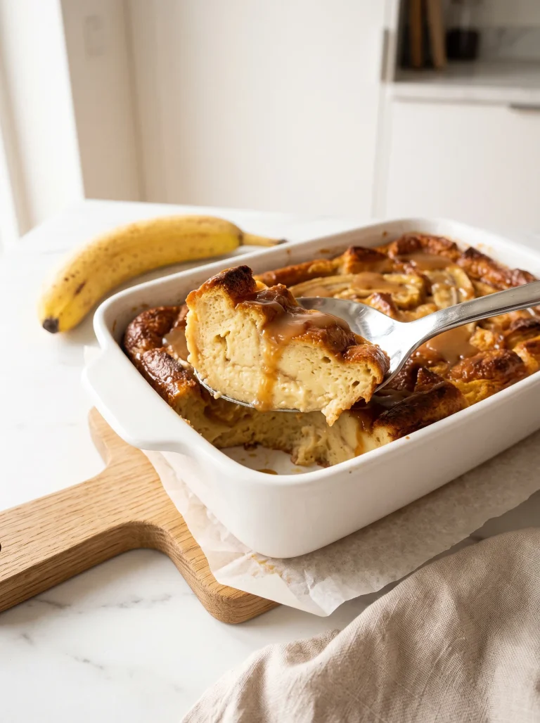 close-up of banana bread pudding slice being lifted from baking dish showing soft custardy interior and golden caramelized crust