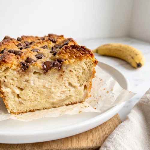 extreme close-up of banana bread pudding texture showing soft custardy interior and caramelized golden crust with melted chocolate