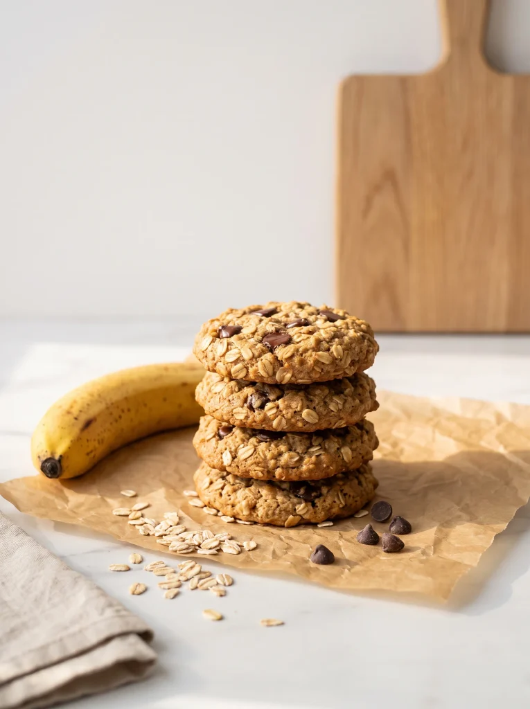 Soft banana breakfast cookies with oats and chocolate chips on white marble counter
