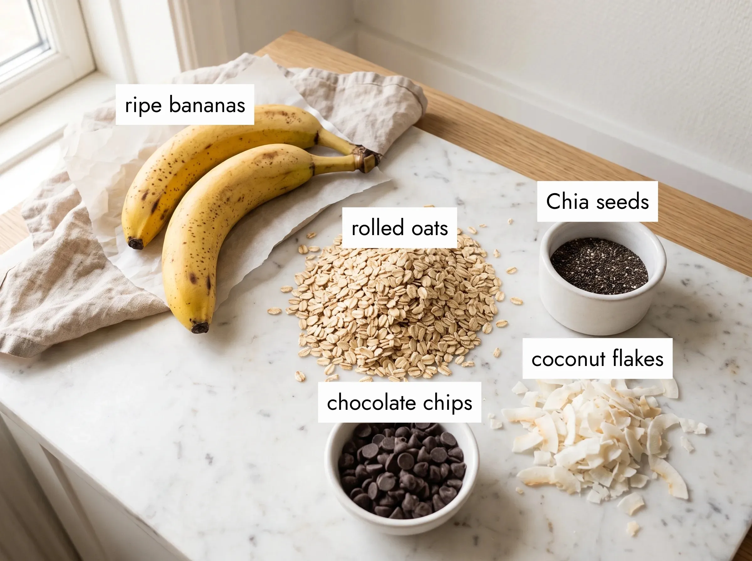 Banana breakfast cookies ingredients flat lay — ripe bananas, rolled oats, chia seeds, chocolate chips, coconut flakes on white marble