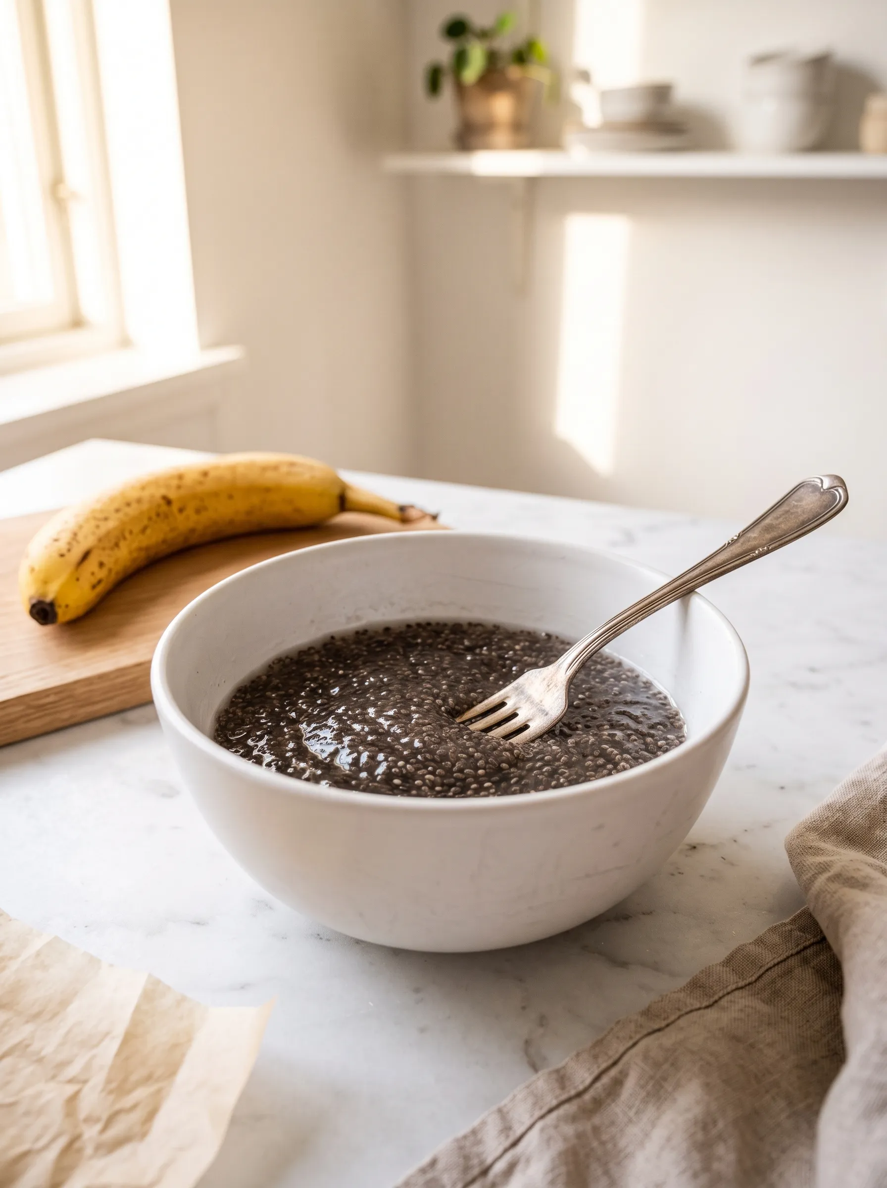 Chia seed gel in white ceramic bowl after 5 minutes resting — banana breakfast cookies process step 1