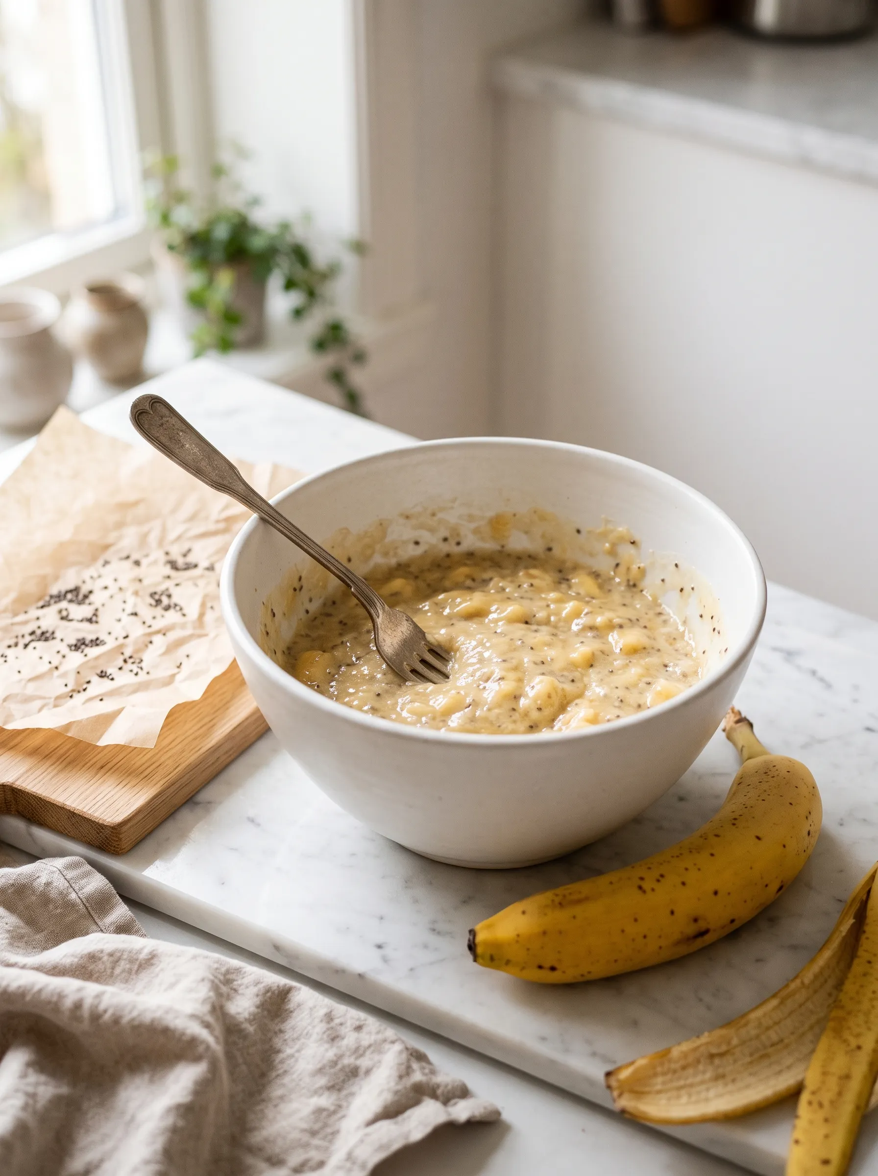 Mashed ripe banana mixed with chia gel in white ceramic bowl — banana breakfast cookies step 2