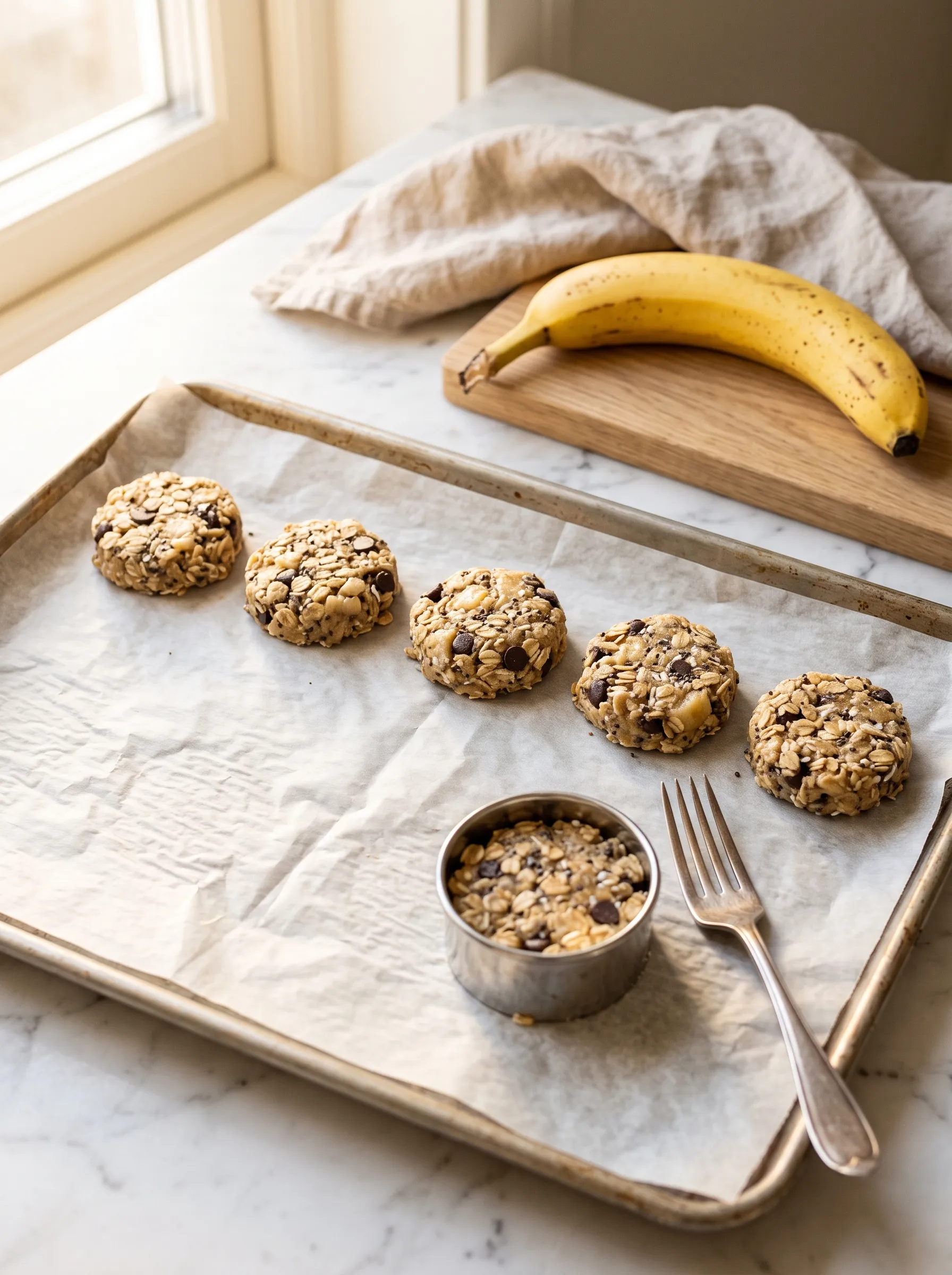 Banana breakfast cookie dough being shaped with round cookie cutter on parchment paper baking sheet