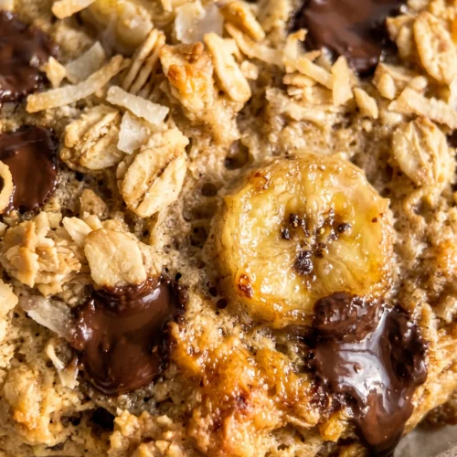 Close-up texture of banana breakfast cookie showing golden oats and melted chocolate chips