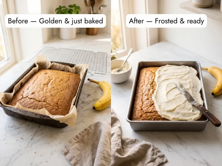 banana sheet cake before and after cream cheese frosting — golden baked then philadelphia icing spread