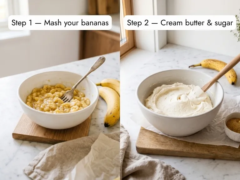 banana cake recipe process — mashing ripe bananas and creaming butter sugar side by side