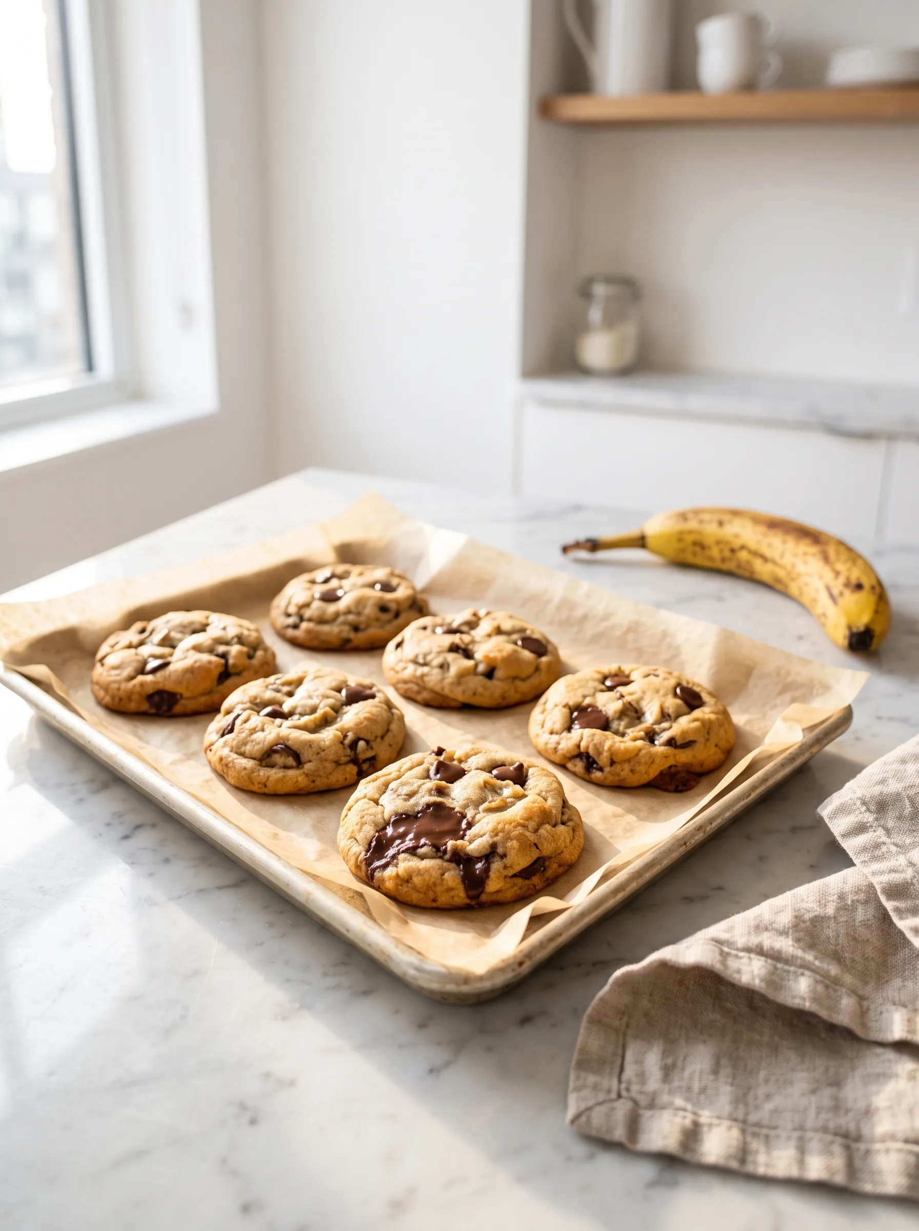 freshly baked chocolate chip banana cookies on parchment paper, golden brown edges, soft centers