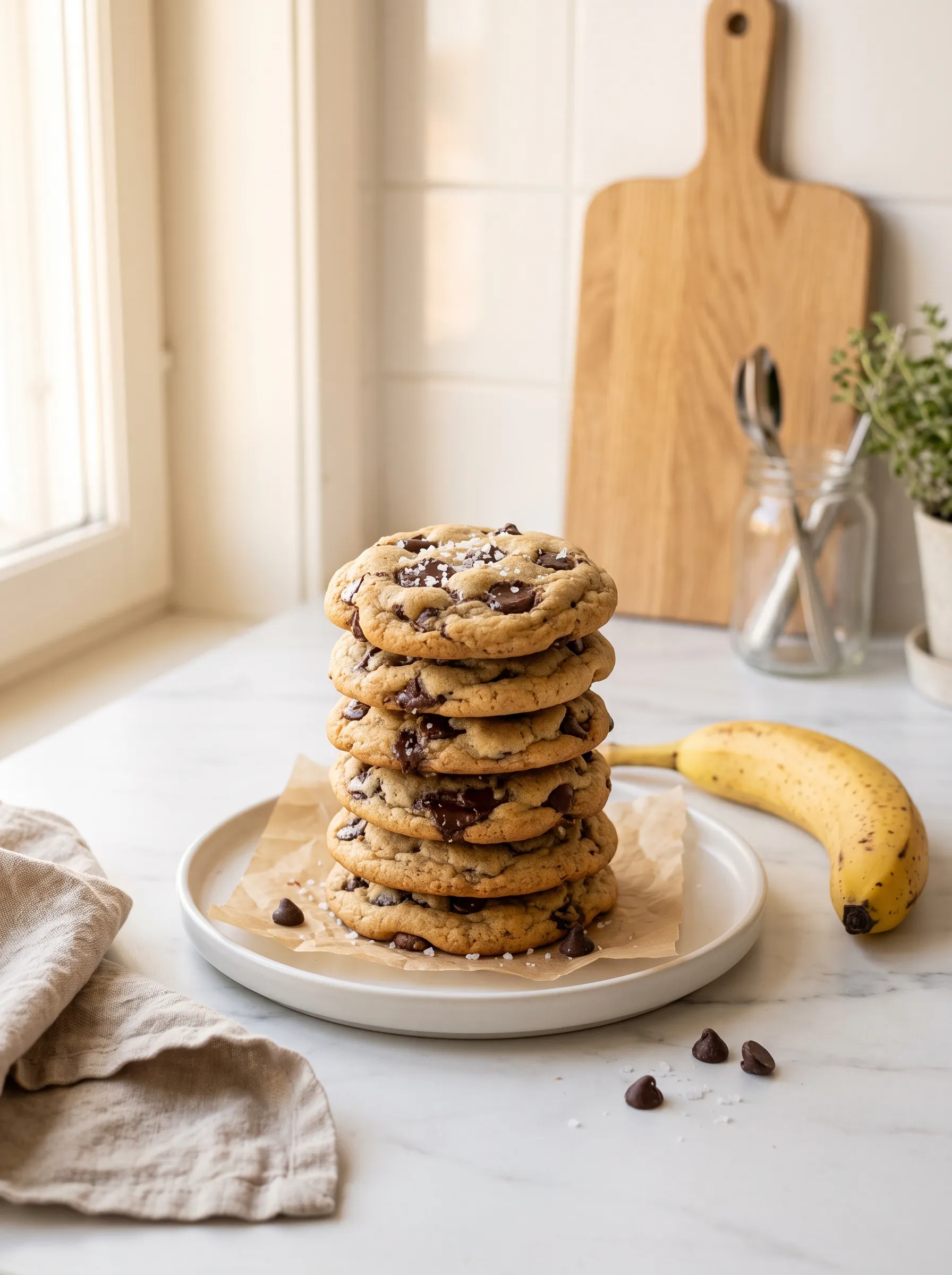 soft golden banana chocolate chip cookies stacked on white ceramic plate